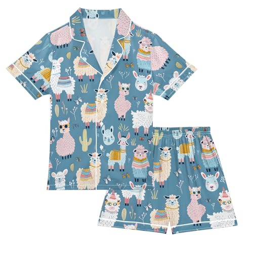 ALAZA Alpaca Llama Blue Cactus Satin Pajamas Set Short Sleeve Button Down Sleepwear Summer Pjs 2 Piece