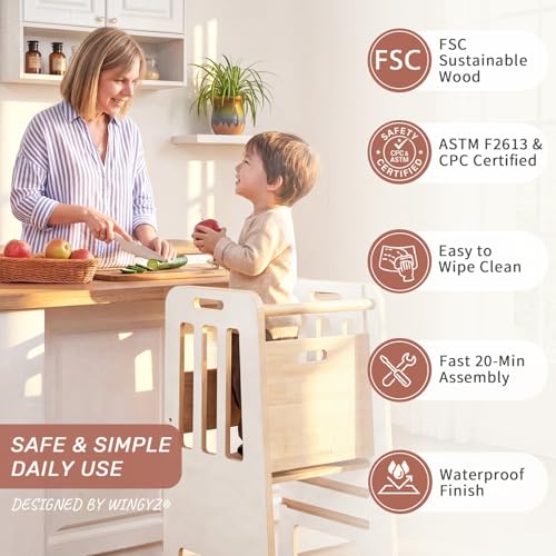 Image of WINGYZ Toddler Tower - Anti-Tip Natural Wood Learning Stool Helper for Kids 18M-6Y, 150lb Capacity Kitchen Stool with 3-Height Adjustable Platform and Sliding Door Access, 20lb Portable Design, White