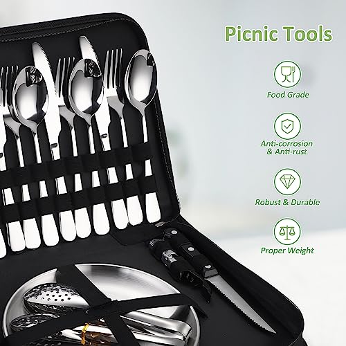 Camping Silverware Kit Cutlery Organizer Utensil Picnic Set Stainless Steel Plate Spoon Clip and Serrated Knife Wine Opener Fork Napkin Hiking - Camp Kitchen BBQ’s - Image 4