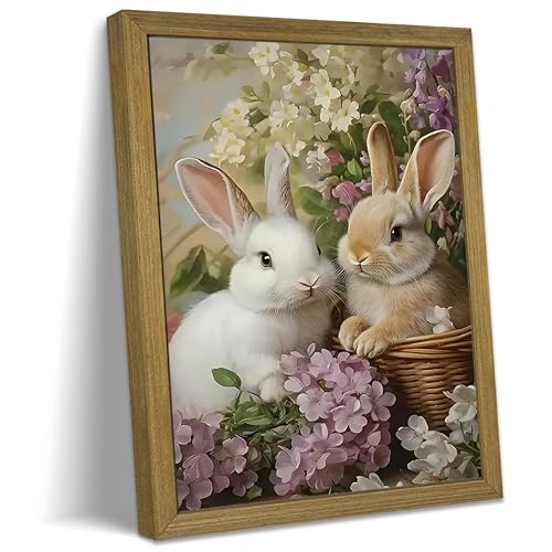 Framed Easter Bunny Wall Art, Cute Rabbit Wall Decor Paintings, Vintage Flowers Oil Painting Canvas Print, Rustic Farmhouse Spring Easter Decor for Living Room Bedroom Nursery 12x16 Inch