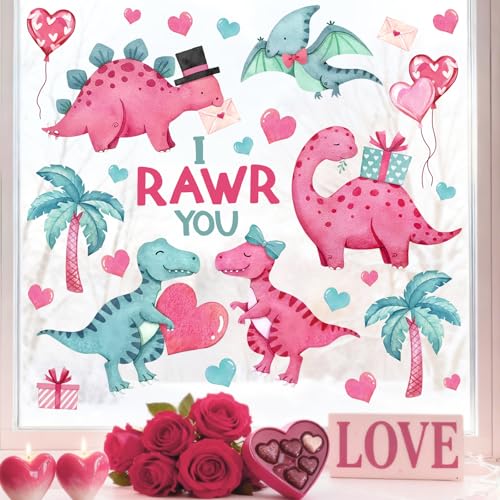 Mfault Valentines Day Dinosaur Window Clings, Pink Green Dino Love Hearts I Rawr You Kids Palm Tree Stickers Decals Decorations, Cute Anniversary School Classroom Home Living Room Kitchen Decor