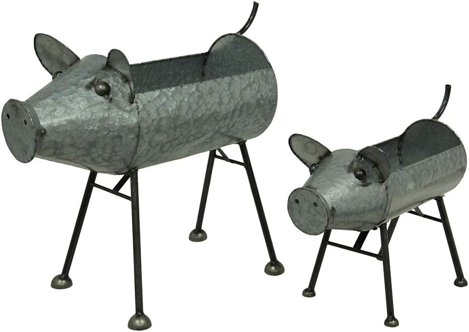 Zeckos Charming Galvanized Grey Metal Pig Planters - Set of 2 Indoor/Outdoor Sculptures for Country Farmhouse Porch or Garden Decor - 20.5 and 16 Inches Long