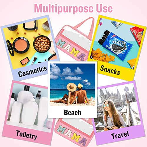 Chenille Letter Clear Makeup Bags Mama Tote, Preppy Patch Makeup Bag Zipper With Handle, Waterproof Pvc & Nylon Portable Glitter Large Cosmetic Travel Toiletry Storage Bag For Women Girls(Mama-Pink) #TOP7