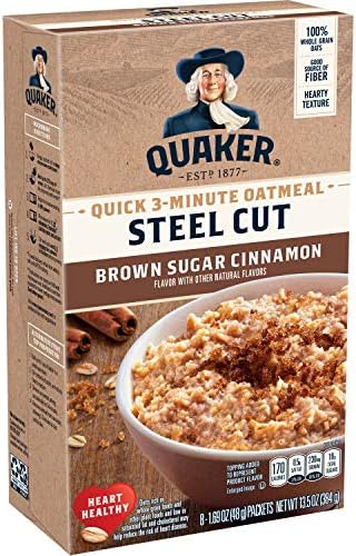 Quaker Steel Cut Quick 3-minute Oatmeal, Quick Steel Cut, Brown Sugar and Cinnamon, 13.5 oz, - 8 Count (Pack of 6) total- 48 count