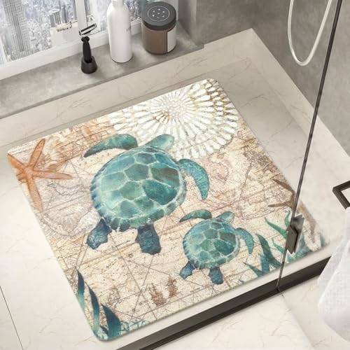 Sea Turtle Shower Mats for Inside Shower, Square Non Slip