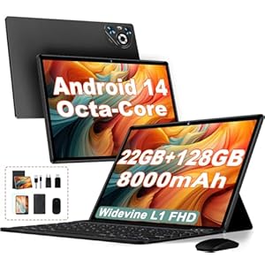 Dghrti Tablet 10 Pulgadas Android 14, 22GB RAM+128GB ROM (1TB TF), CPU Octa-Core, 8000mAh, Widevine L1, Dual WiFi, BT 5.0, Face ID, 5MP+8MP, con Carcasa MetÃlica, Teclado y Ratón (Negro)