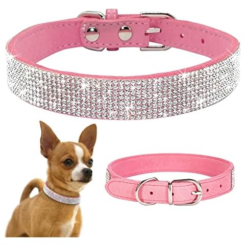 TSKDKIT Puppy Collar for Cat Small Dog Collar Cute Rhinestone Pet Collar Sparkling Cat Collar Soft Leather Pet Collar(M Pink) Cover