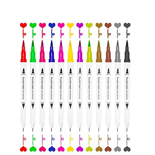 Coloring Markers Set for Adults Kids Dual Brush Pens Fine Tip Art Colored Markers for Adult Coloring Books Bullet Journal Scrapbooking Supplies School Drawing Double Sided Color Marker Pen (12 Colors)