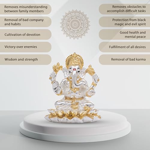 Image of Idolkart 24K Pure Gold and 999 Silver Coated Vastu Lotus Ganesh Idol /Murti for Diwali Puja, Home Temple, Office, Car Dashboard | Ganpati Vinayak Decorative Showpiece (3 inch)