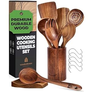 Wooden Spoons for Cooking, Wooden Cooking Utensils Set, Wooden Utensil Set with Holder, Spoon Rest & Hooks, Teak Wood Nonstick Kitchen Cookware – 8-piece set of wooden utensils with 6 metal hooks