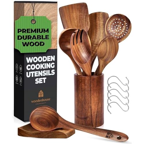 Wooden Spoons for Cooking, Wooden Cooking Utensils Set, Wooden Utensil Set with Holder, Spoon Rest & Hooks, Teak Wood Nonstick Kitchen Cookware – 8-piece set of wooden utensils with 6 metal hooks