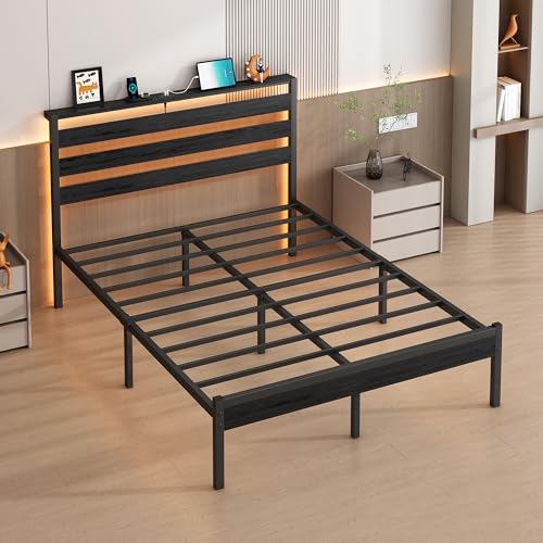 Image of CLIBFENG 14 Inch Classic Metal Platform Bed Frame-Queen Size Bed Frame with Headboard,Steel Slats Support-LED Bed Frame with USB Charging Station,Under Bed Storage,No Box Spring Needed,Noise Free