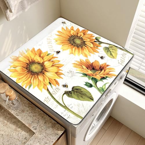 Washer and Dryer Top Cover Mat Fridge Dust-Proof Cover Anti-Slip Washing Machine Top Protector Mat Waterproof Washable Top Cover Mat for Home Kitchen Laundry (Sunflower, 23.6" x 23.6")