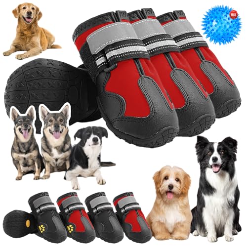 犬 靴 夏 犬用ブーツ 脱げない ドッグシューズ 小型犬 防水 犬用靴 散歩用 大型犬 犬の靴 4個セット 抗菌防臭 耐久性ゴム底 夜間反射テープ付き 肉球保護 傷舐め防止 履かせやすい 梅雨対策 室内 雨の日 お出かけ お散歩 (レッド,4#)