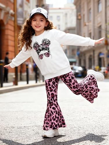 Image of KIDLAGA Toddler Girl Clothes Figure Graphic Drop Shoulder Top Pullover Leopard Print Flared Pants Fall Winter Outfit Set