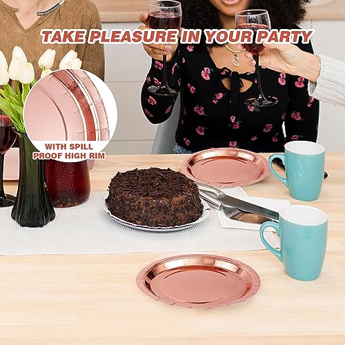 Image of Rose Gold Disposable Paper Plates, 7'' Dessert Cake Plates, 50 Count Bulk