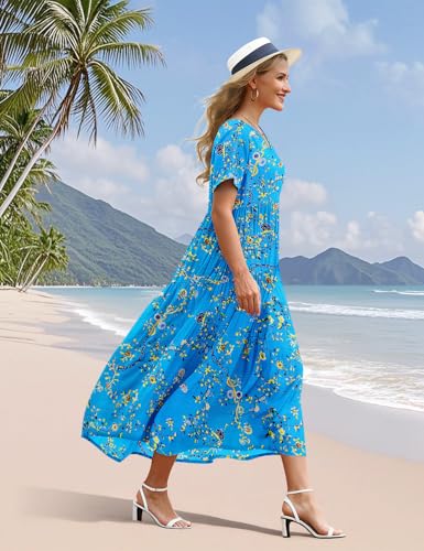 Image of YESNO Women's Summer Maxi Dresses Casual Floral Short Sleeve V Neck Boho Beach Vacation Swing Dress with Pockets EVF