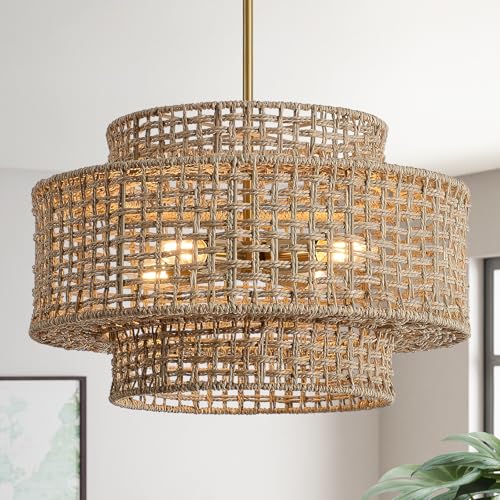 Image of 17.7 inch Boho Rattan Chandelier Light Fixture 4-Light Hand Woven Rustic Chandeliers with Wicker Shade, Farmhouse Chandelier Hanging Light for Dining Room Kitchen Island, Living Room, Foyer