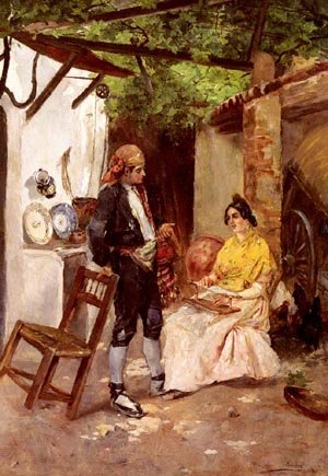 Peinture à l'huile A Flirtation Vicente De Xades, tableau sur toile de 30 x 40 pouces