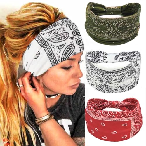 CAKURE Boho Headbands Wide Turban Knotted Head Bands African Thick Head Wraps Yoga Running Workout Hairbands Hair Scarf Elastic Hair Fashion Accessories for Women and Girls Pack of 3(Set-2)