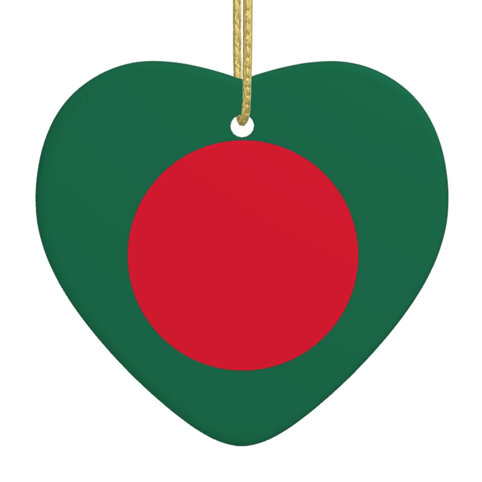 Flag of Bangladesh Ceramic Christmas Heart Pendant with Silk Thread, Christmas Tree Home Decoration