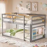 Xilingol Low Bunk Bed for Kids, Floor Bunk Bed Twin Over Twin, Wooden Bunk Bed Frame with Full Guardrails, Twin Bunk Bed for Bedroom, Dorm (Grey)