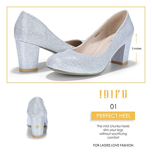 IDIFU Women's Sherry Dress Block Heels Pumps Closed Round Toe Wedding Bride Shoes (9 M US, Silver Glitter) - Image 4