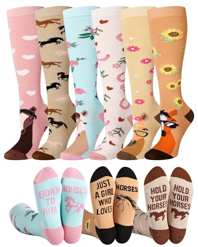 Chuarry 6 Pairs Funny Horse Socks for Women Knee High Equestrian Riding Western Boot Socks for Derby Lover Gifts Party Favors(Vivid Color)