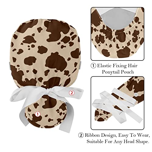 Image of 2 PCS Bouffant Cap with Button Ponytail Pouch Working Cap Sweatband Adjustable Surgical Cap Black and White Cow