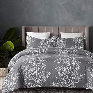 YEPINS Soft Microfiber Bedding Duvet Cover Set with Zipper Closure, Print Floral and Branch Pattern Design, Grey Color- Double Size