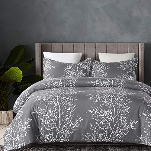 Vaulia Soft Microfiber Duvet Cover King Size, Grey and White Floral Branches Printed Pattern 3-Piece...