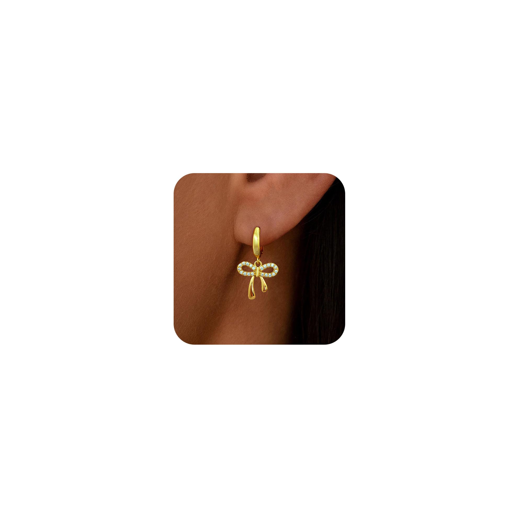 JOBICY Gold Earrings for Women Cute Bow Dangle Earring 14k Gold Plated Dainty Ribbon Hoop Hypoallergenic Gold Earrings