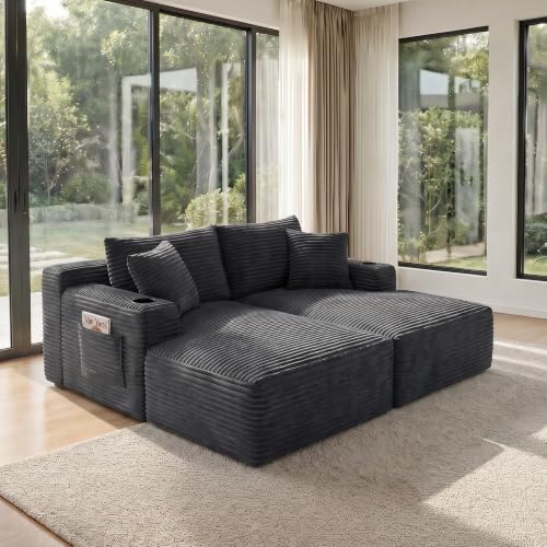 Image of 133 inch Oversized Cloud Boneless Sofa Couch with Chaise, Modern Corduroy U Shaped Modular Sectional Sofa with Deep Seat, Comfy Couch with Cupholders and Storage, No Assembly Required-Grey