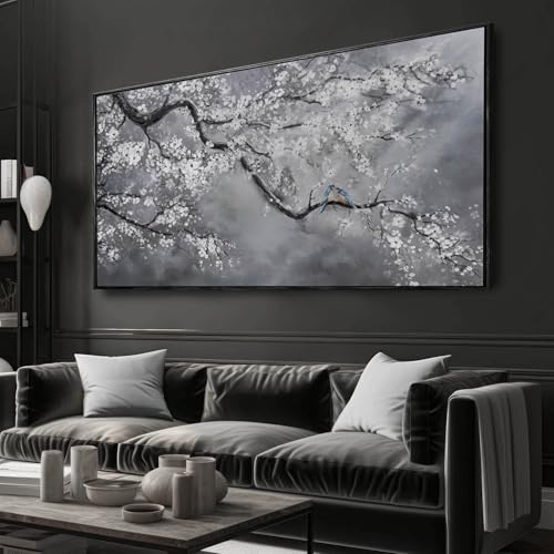 Plum Blossom Wall Art Framed Wall Art Decor Canvas Birds Wall Decorations Bedroom Picture Large Artwork for Living Room Dining Room 24”x48”