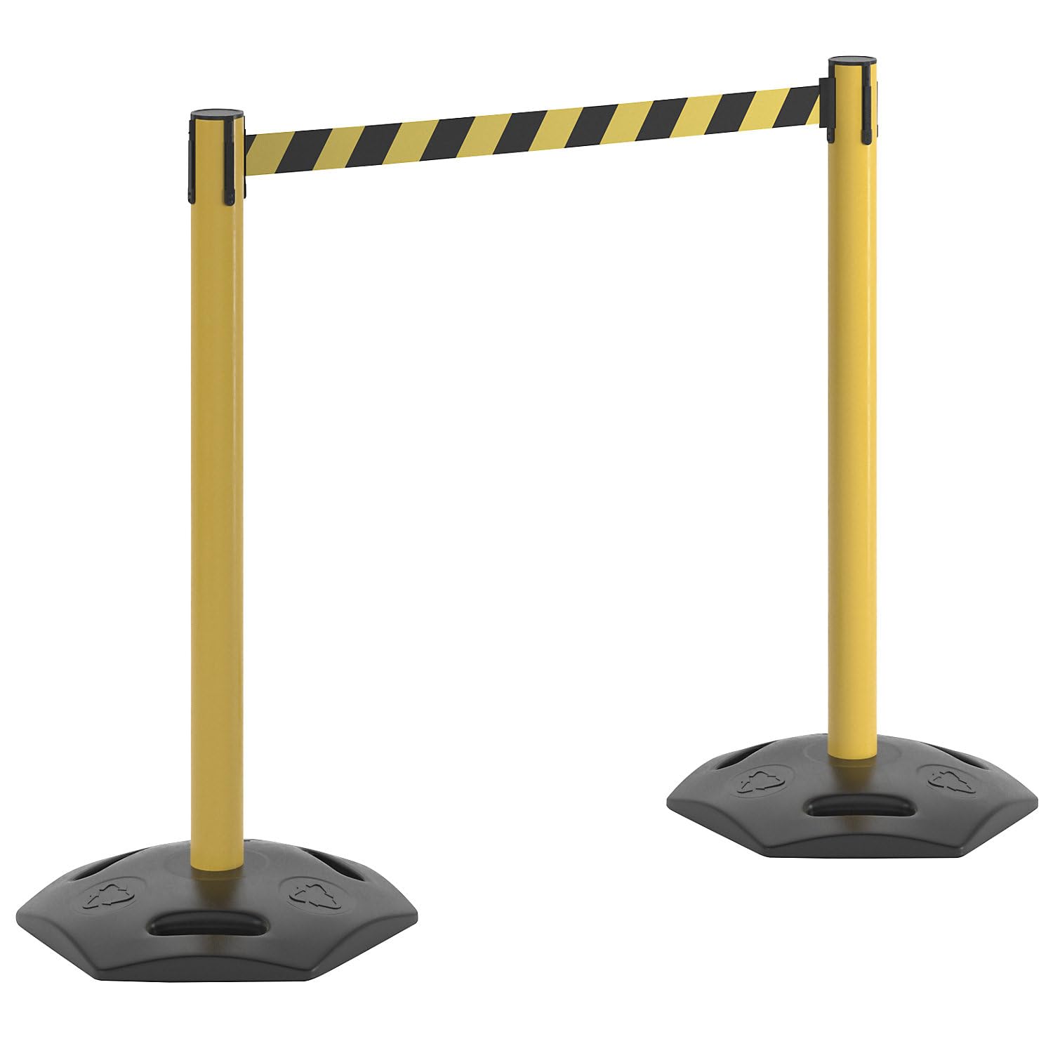 Certeo | Lot de 2 potelets de délimitation à Sangle | Avec pied en caoutchouc dur, tiroir 3700 mm, potelet jaune, sangle jaune / noir