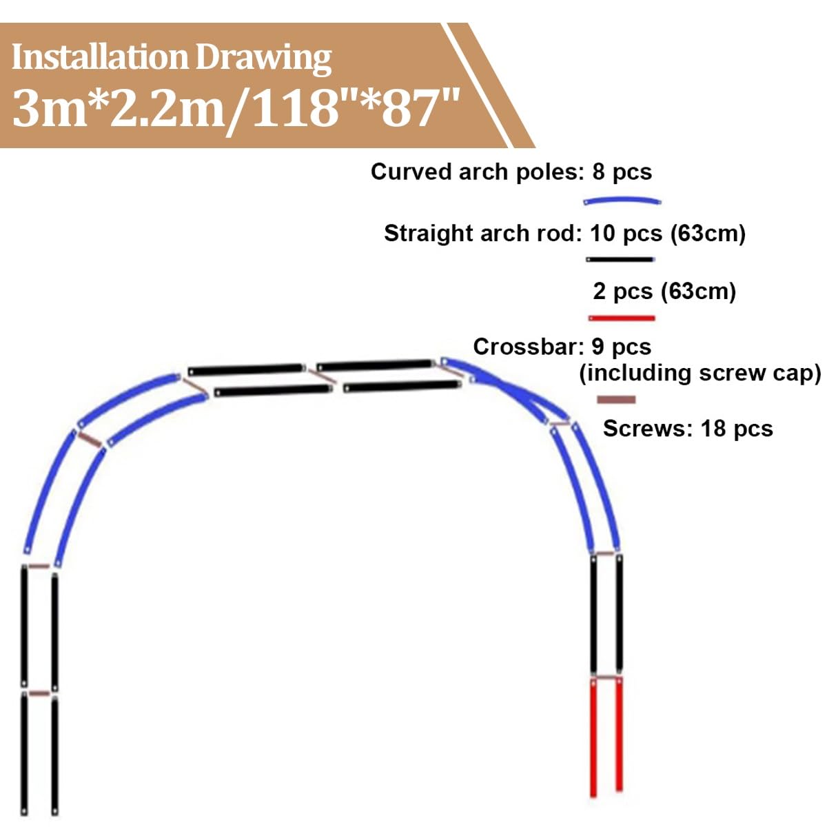 Metalowy łuk ogrodowy, pergola, altana 79/27/27,7 m, łuk kratowy do roślin pnących, łuk weselny, dekoracja imprezowa do użytku na zewnątrz lub wewnątrz (dł. 118 x szer. 16 x wys. 87)