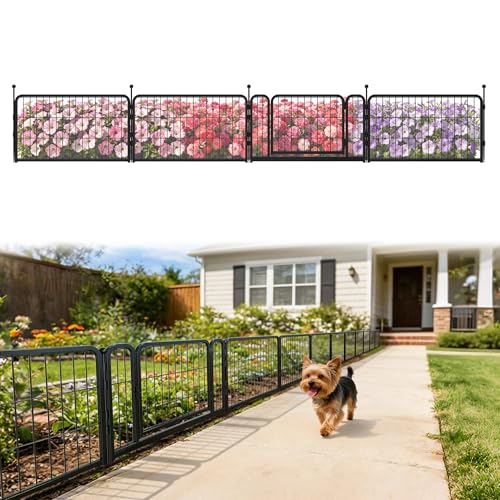 Image of FXW Garden Fence Outdoor for the Yard - 17in(H) x 9.8ft(L) Heavy Duty Metal Animal Barrier for Dog, No Dig Decorative Dog Fence, 4 Panels, Black