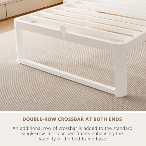 Image of ZTH Twin Size Metal Platform Bed Frame 16 in, No Box Spring Needed, White | Heavy duty support, Underbed storage, Noise-free design, Anti-slip clips, Rounded legs, Easy assembly, Headboard compatible