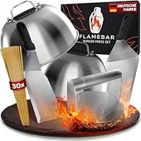 FLAMEBAR XXL Burgerpresse Set Edelstahl - 5-teilig I Smash Burger Set für 100% Burgergenuss I Burger Presse inkl. Burgerglocke, Burgerspieße & Grillspachtel I Grillzubehör Set