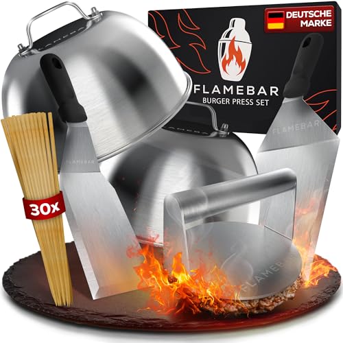 FLAMEBAR XXL Burgerpresse Set Edelstahl - 5-teilig I Smash Burger Set für 100% Burgergenuss I Burger Presse inkl. Burgerglocke Burgerspieße & Grillspachtel I Grillzubehör Set