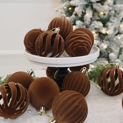 Image of 20Pcs Brown Velvet Christmas Ornaments Set,2.36In Flocked Ornaments Balls | Velvet Ornaments For Christmas Tree Decor;Holiday Christmas Decor;Christmas Decoration;Shatterproof Plastic Christmas Balls
