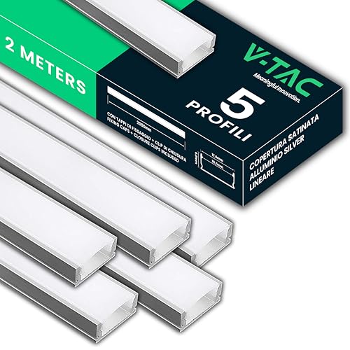 V-TAC 5x Profili per Strisce Led da 2 METRI in Alluminio Rettangolari - (10 Metri Totali) - Profili per Strisce LED Copertura Opaca - Ingombro max Striscia Led 15,7 mm - Dimensioni 17,6 mm x 6.9 mm