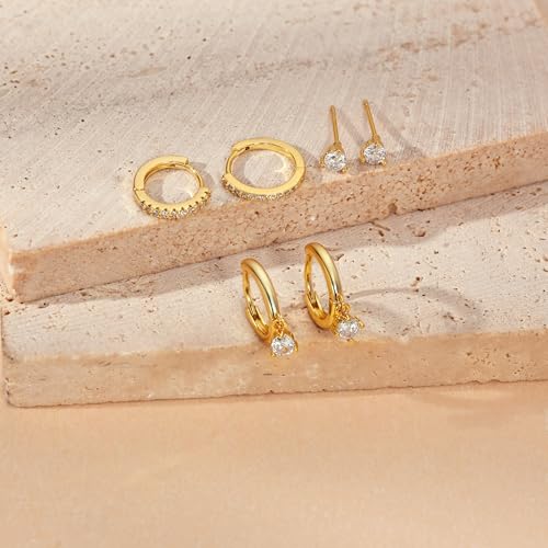 Image of Freekiss 3 Pairs Gold Hoop Earrings Set: Dainty Stud Earrings Trendy Small 14K Gold Plated Hypoallergenic Dangle Cartilage Huggie Hoop Earrings for Women Gold Jewelry for Women Gifts