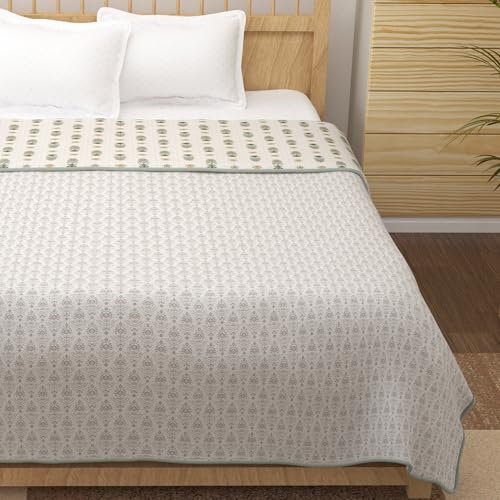 Image of Story@Home Dohar Double Bed Cover Cotton 100% | 150GSM 225 x 240 CM Quilt AC Blanket for Summer | AC Comforter Double Bed |White & Green, Motif Reversible Design Duvet | All-Season Blanket