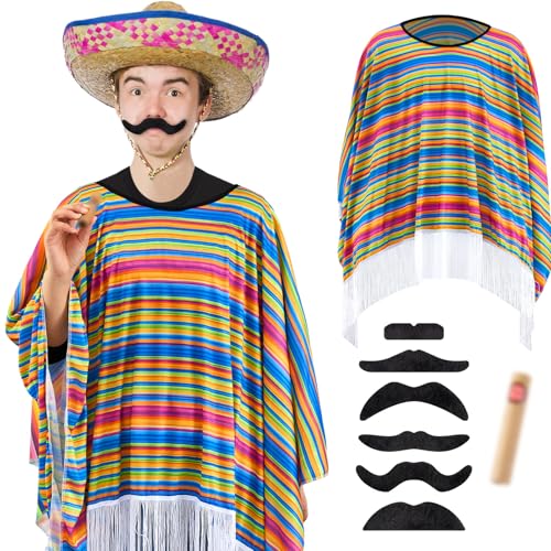 HICARER 3 Stück Karneval Mexikanischer Kostüm mit Buntem Festival Serape Poncho Western Cowboy Festliche Schnurrbart Lustige Gefälschte Zigarre für Erwachsene Herren Frau Einheitsgröße (Klassisch)