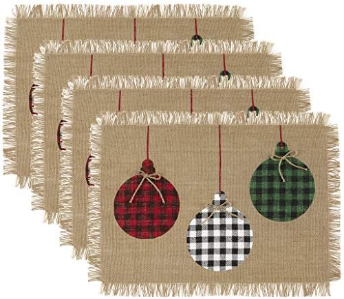 ElreneHome Fashions Farmhouse Living Holiday Rustic Ornaments Burlap Placemat Set, 13 Inches x 19 Inches, Set of 4