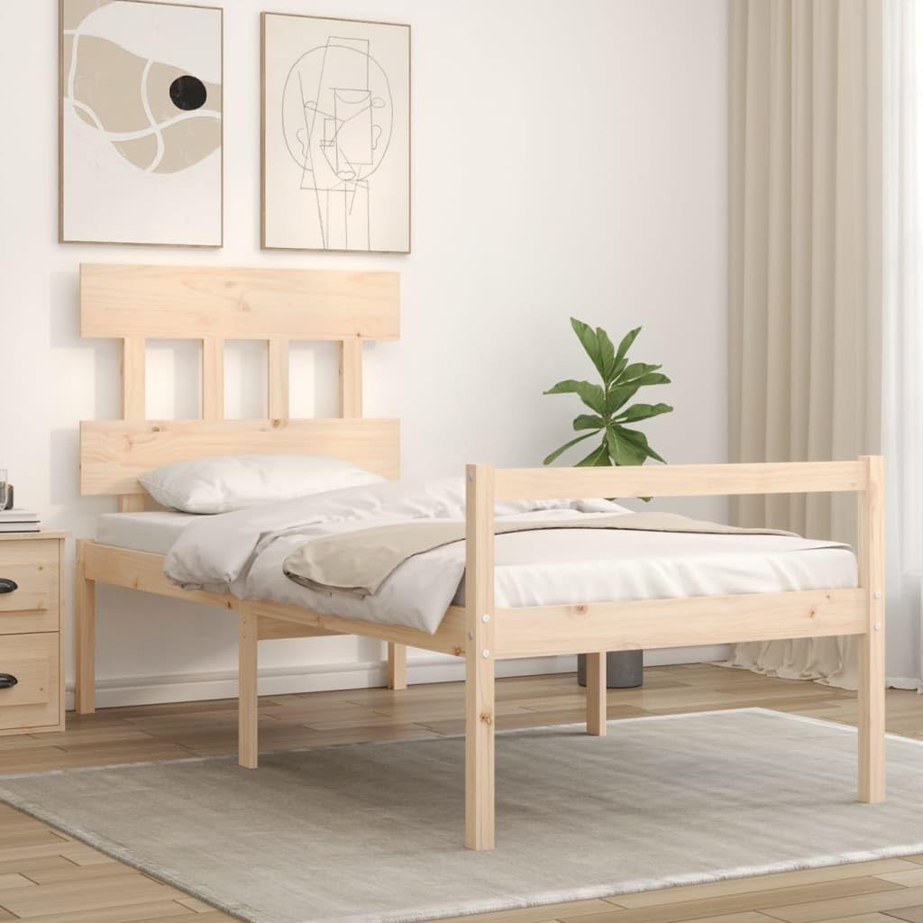 Seniorenbett 90x200 cm aus Kiefernholz Massiv - Einzelbett mit Kopfteil und Fussteil - Seniorengerechtes Massivholzbett 45 cm Sitzhoehe mit Stauraum Fuer Senioren und Erwachsene