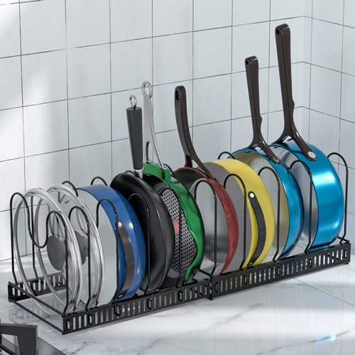 Teklemon Organizador de Sartenes y Ollas, Soporte Sartenes de Tamaño Expandible Organizadores Sartenes con 10 Divisores Ajustables Separador de Sartenes Organizador Cocina para Almacenar Ollas y Tapas