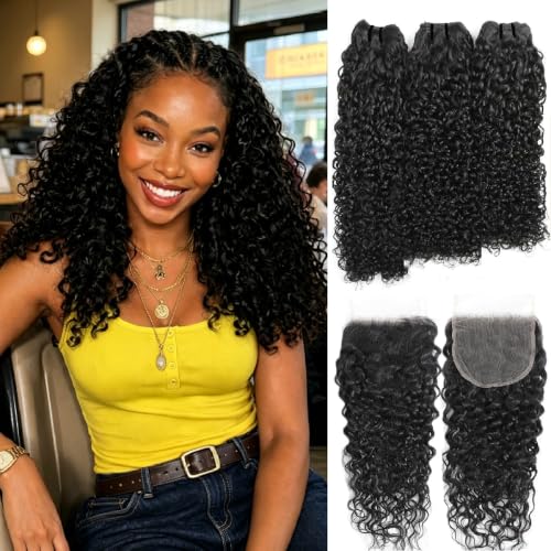 Curly Bundles Human Hair 14 16 18 Inches With 5X5 Closure 14 Inch 3C4A Quick Weave PiXie Curly 12A Water Wave 100% Unprocessed Virgin Human Hair Extensions for Women Double Weft (Bundles With CLosure)