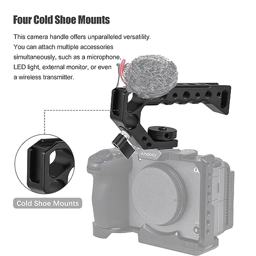 Image of Andoer Universal Top Handel Camera Top Handgrip with 4 Cold Shoe Mounts ARRI Positiong Hole 1 /4in and 3 /8in Threaded Holes Compatible with Camera Cage Sports Camera for Vlogging Live Streaming